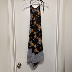 Meraki halter, handkerchief dress - size L - black floral and stripes
